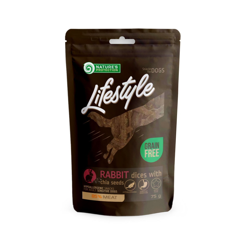 Ласощі для собак, скибочки кролятини з насінням Чіа, Nature's Protection Lifestyle snack for dogs soft rabbit dices with chia seeds, 75г Ласощі для собак, скибочки кролятини з насінням Чіа, Nature's Protection Lifestyle snack for dogs soft rabbit dices with chia seeds, 75г