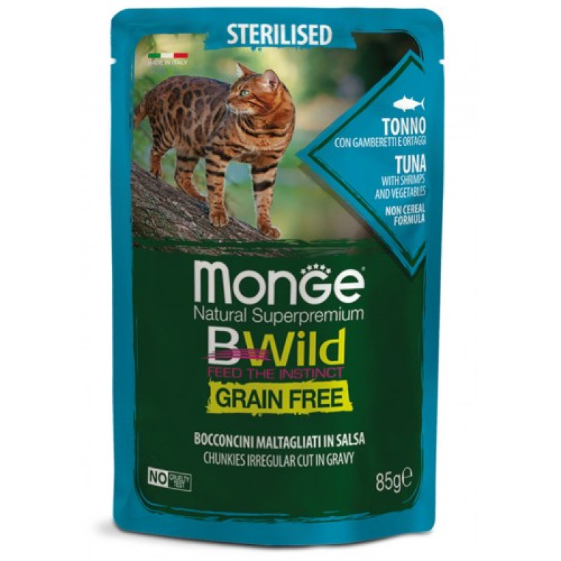 Monge Cat Wet Bwild Grain Free Sterilised (Тунець, Креветки), 85 г