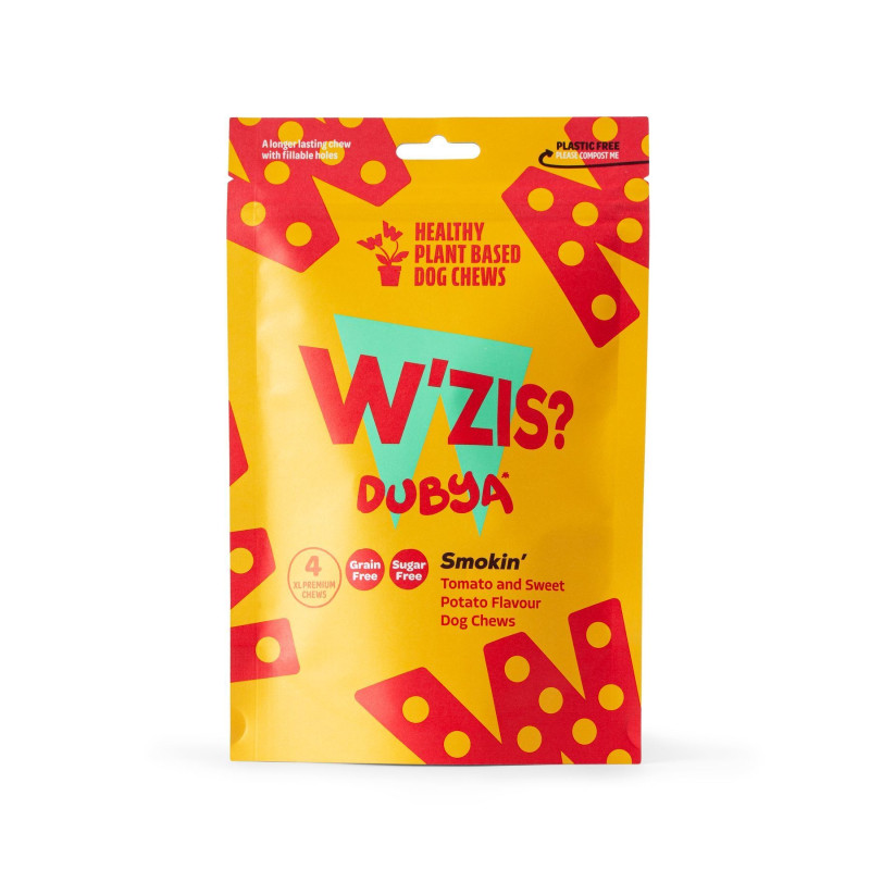 Веганські жуйки для собак Pouch з томатами та солодкою картоплею Smoky Dubya W'ZIS Веганські жуйки для собак Pouch з томатами та солодкою картоплею Smoky Dubya W'ZIS